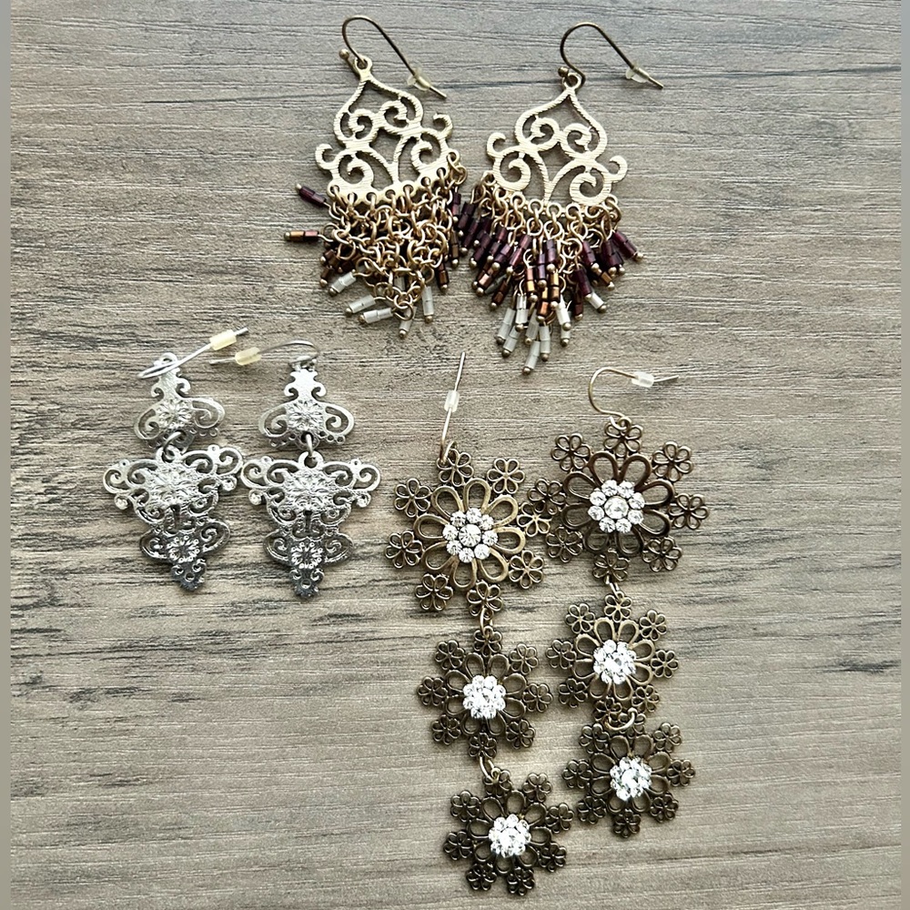 Boho Statement Earring Bundle of 3 - Silver & Bronze Filigree Lot